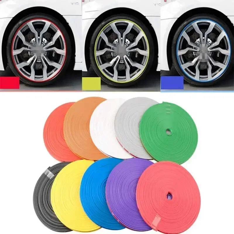 Wielrand beschermstrip in de kleuren rood, geel en blauw op autovelgen