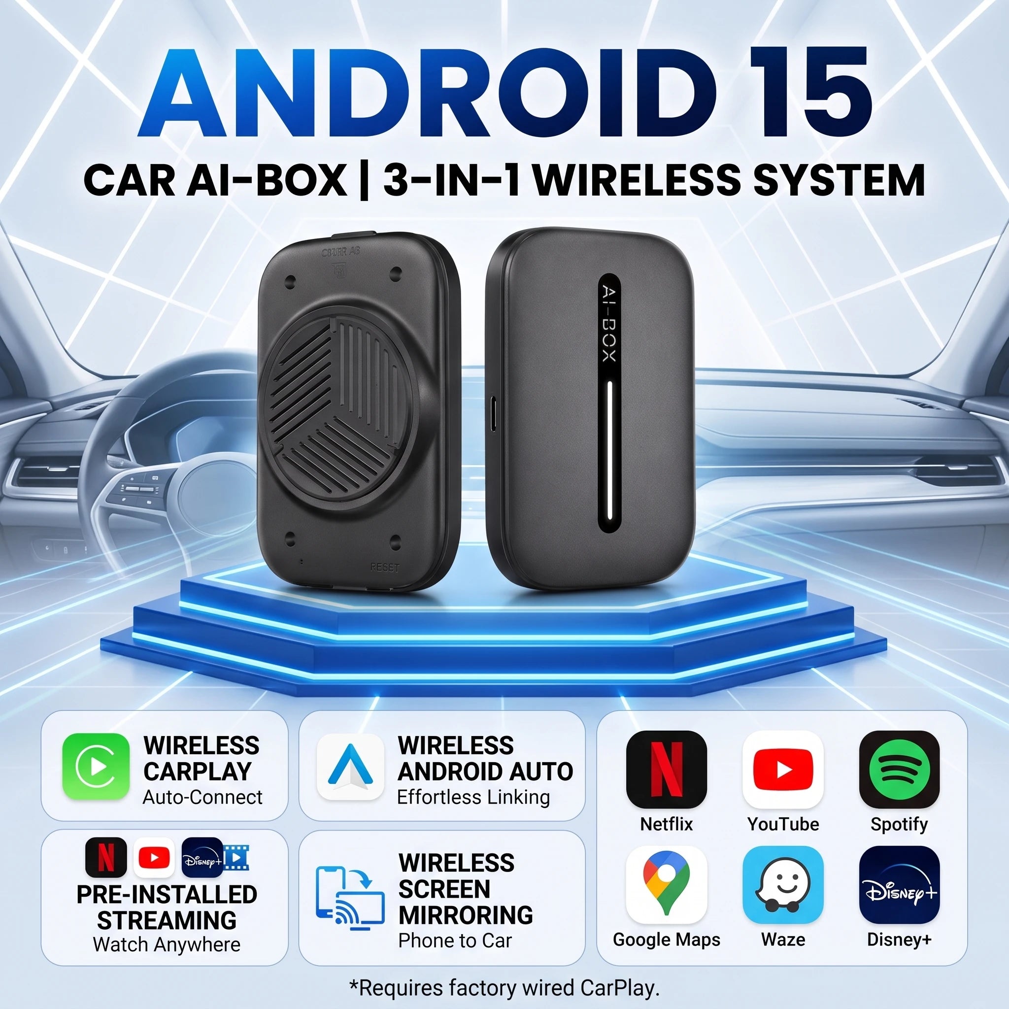CarTech1 draadloze CarPlay Android Auto adapter - specificaties