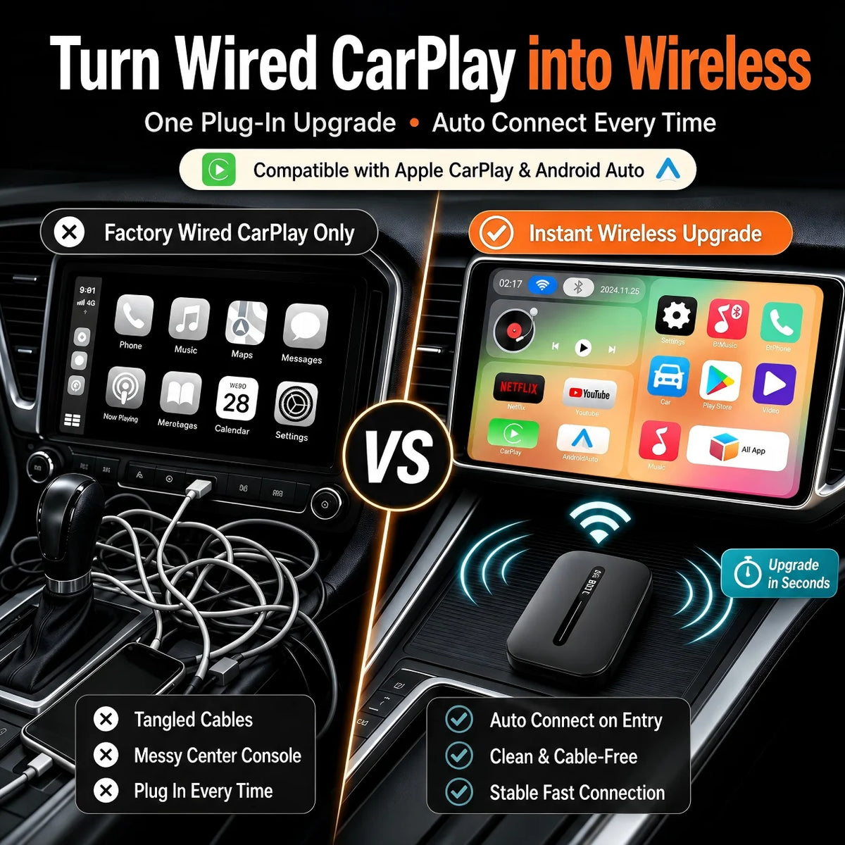 CarTech1 draadloze CarPlay Android Auto adapter - vooraanzicht