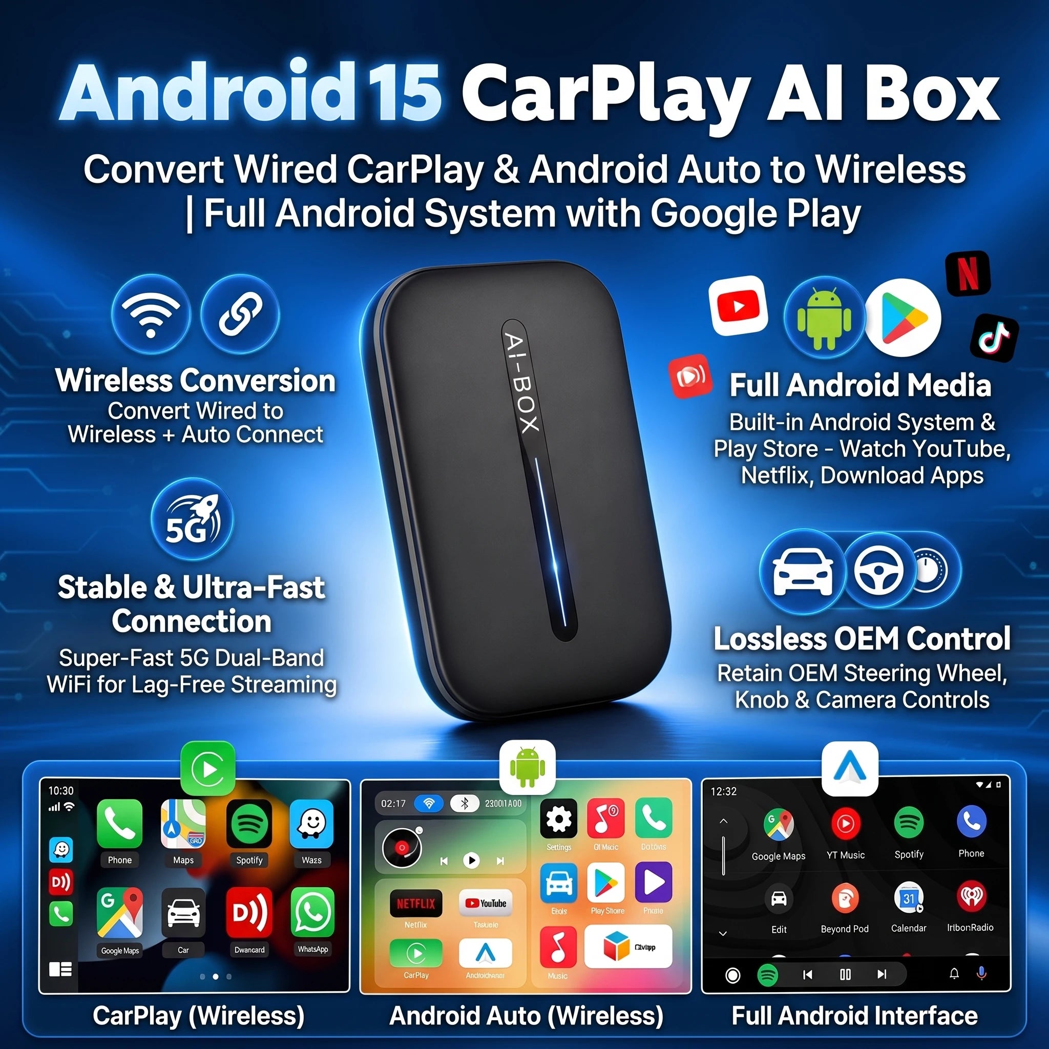 CarTech1 draadloze CarPlay Android Auto adapter - aansluitingen